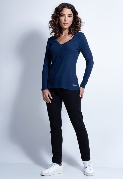 Blusa Manga Longa Rib Botões Metal Guess Azul Escuro