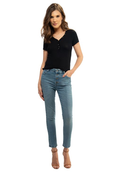 Calça Jeans Skinny Cintura Alta Botões Guess Azul Claro