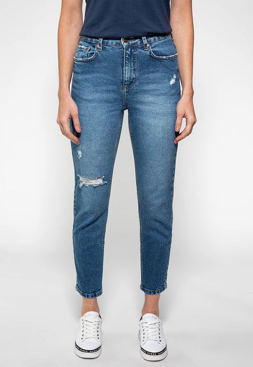 Calça Mom Jeans Puídos Fit Guess Azul