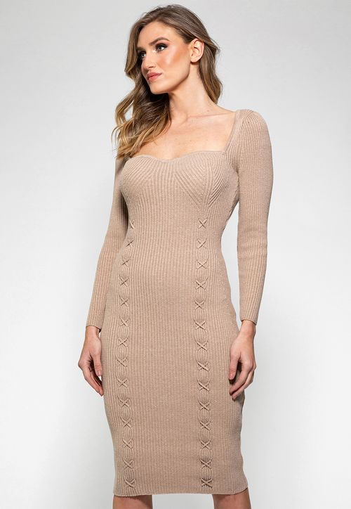 Vestido Tricot Manga Longa Decote Coração Guess Bege