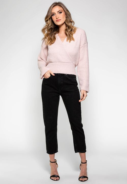 Blusa Tricot Transpassada Manga Longa Guess Rosa Claro