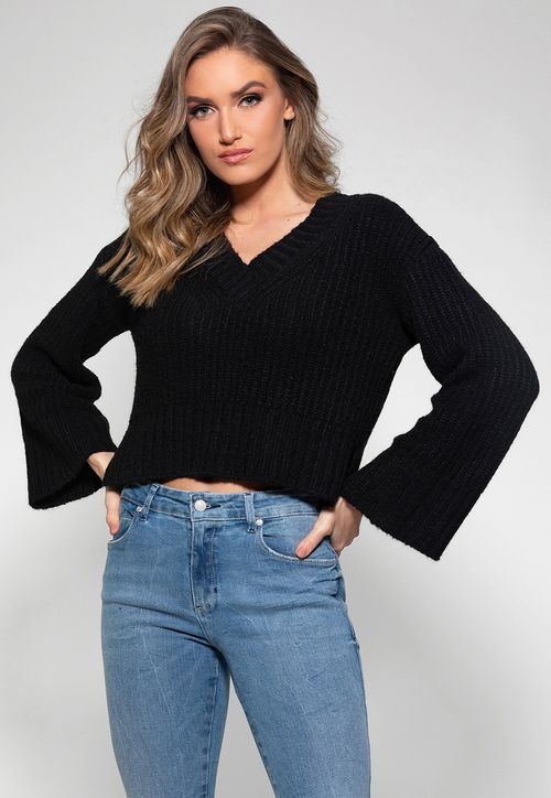 Blusa Tricot Gola V Guess Preto