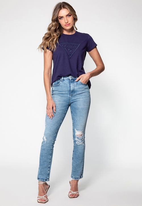 Camiseta Bordado Com Paête Guess Azul Escuro