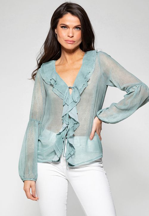 Camisa Manga Longa Babados Guess Verde Claro