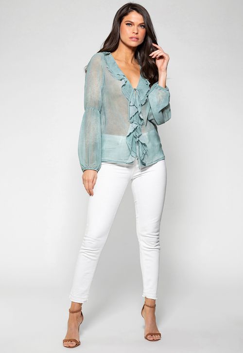 Camisa Manga Longa Babados Guess Verde Claro