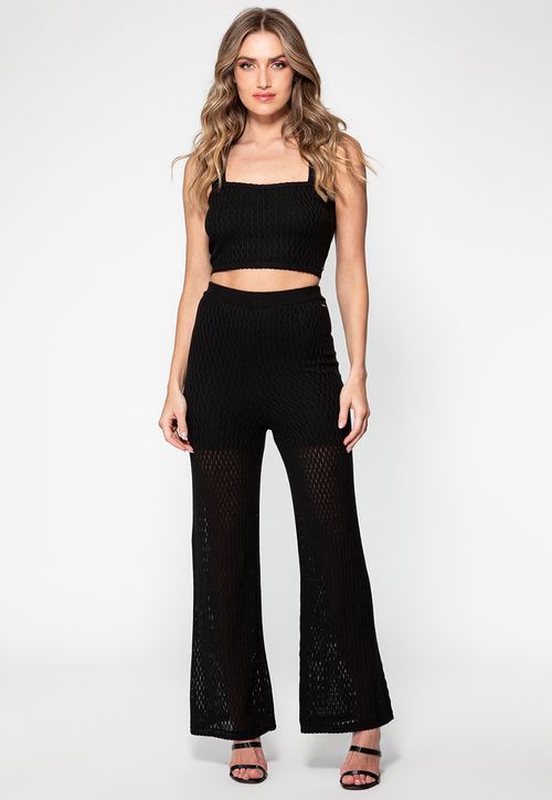 Calça Tricot Wide Leg Vazada Guess Preto