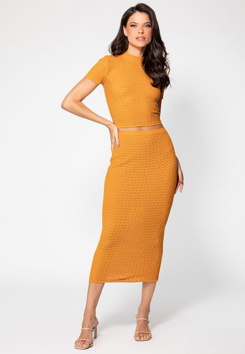 Saia Tricot Mid Vazada Guess Amarelo Queimado