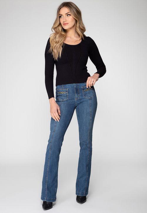 Calça Jeans Boot Cut Bolso Corrente Azul