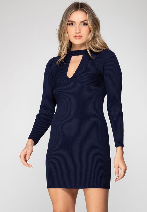 Vestido de Tricot Decote Canelado Azul Escuro