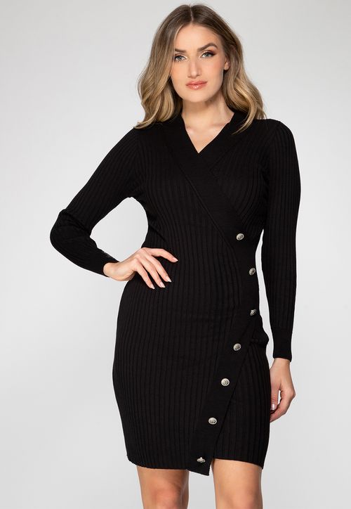 Vestido de Tricot Botões Transpassado Preto