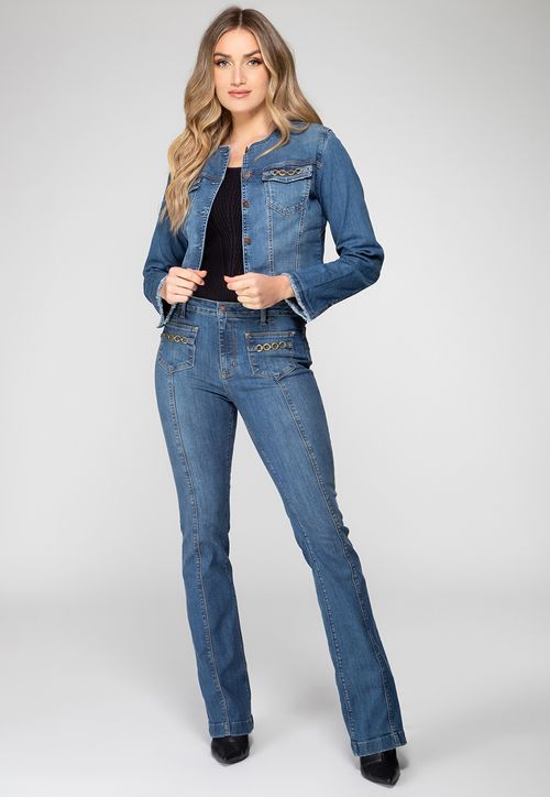 Jaqueta Jeans Bolso Com Corrente Azul