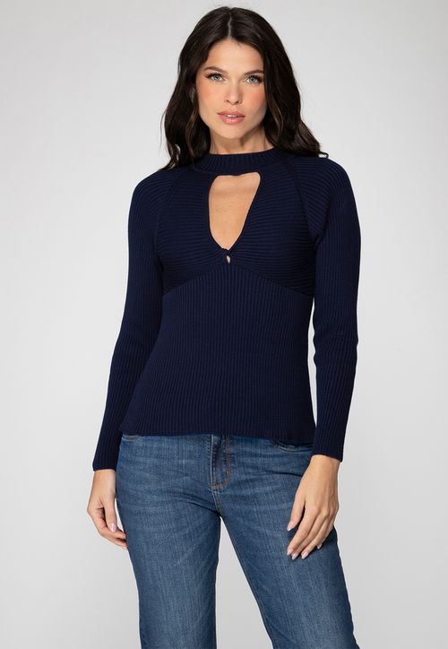 Blusa de Tricot Decote Canelado Azul Escuro