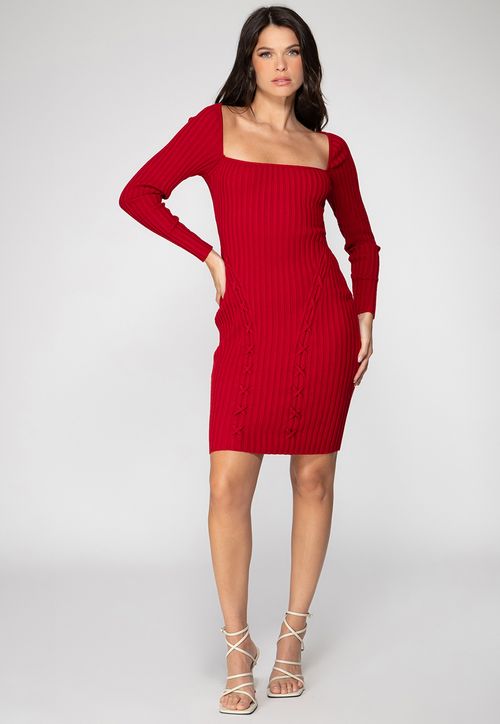 Vestido de Tricot Canelado Decote Vermelho