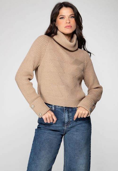Blusa de Tricot Gola Alta Bege