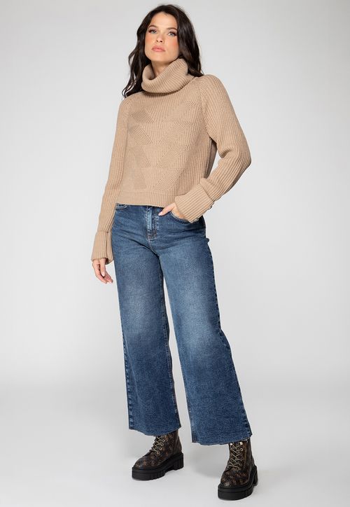 Blusa de Tricot Gola Alta Bege