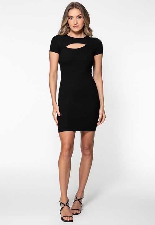 Vestido Canelado Abertura Decote Preto