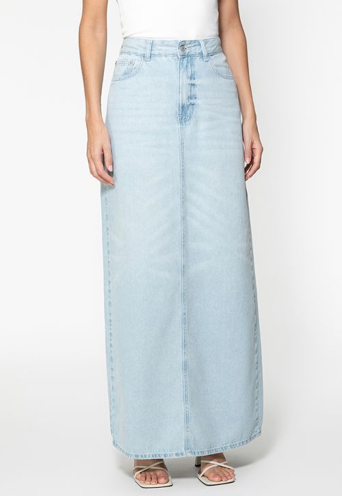 Saia Jeans Longa Fenda Traseira Azul Claro