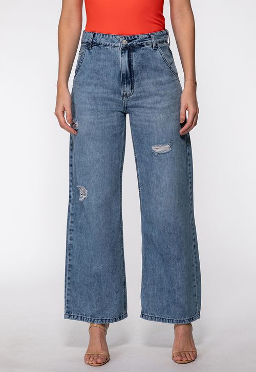 Calça Jeans Wide Leg Puídos Azul