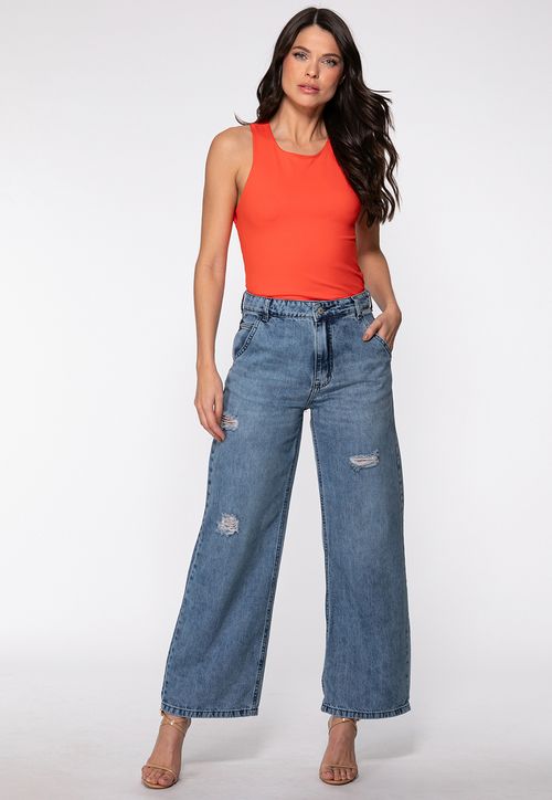 Calça Jeans Wide Leg Puídos Azul