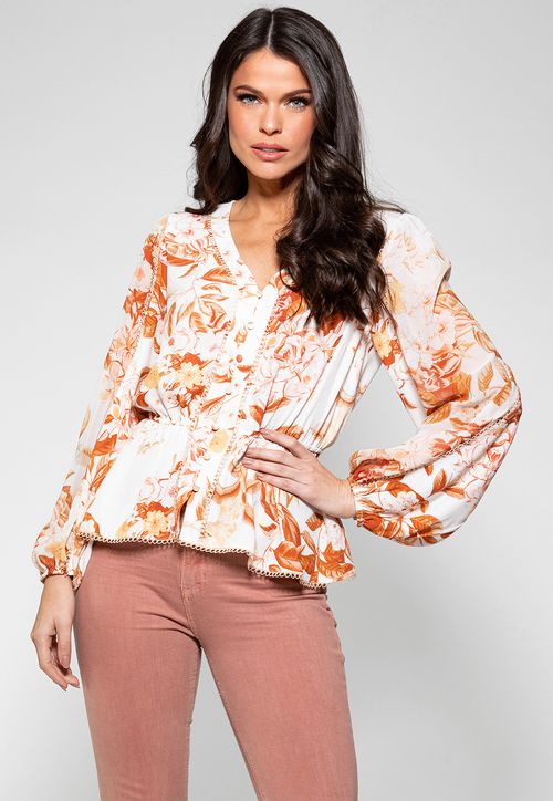 Blusa Chiffon Manga Longa Floral Guess Bordô