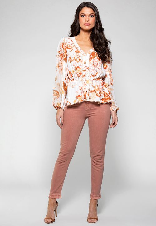 Blusa Chiffon Manga Longa Floral Guess Bordô