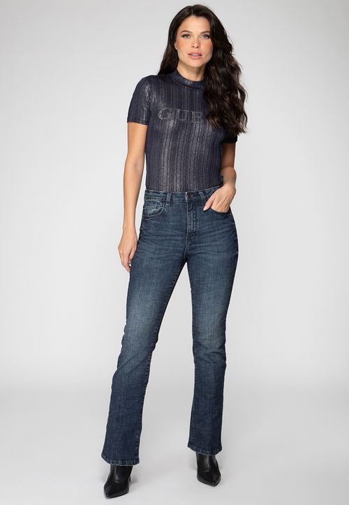 Blusa Canelada Logo Brilho Guess Azul Escuro