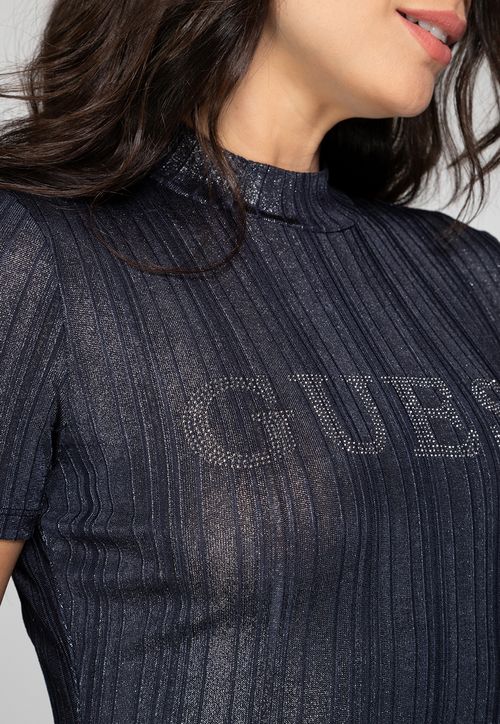 Blusa Canelada Logo Brilho Guess Azul Escuro