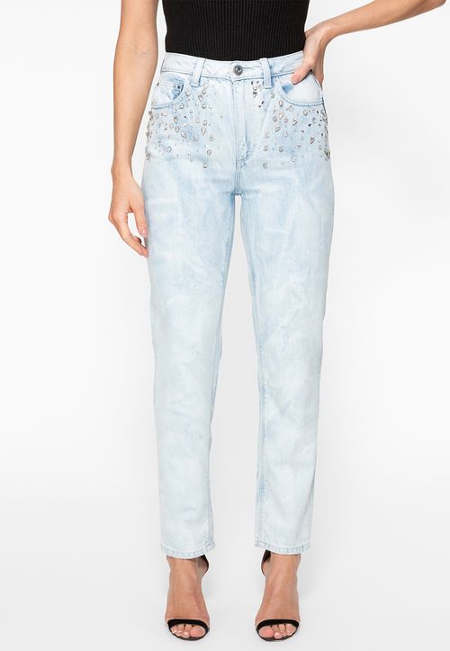 Calça Mom Jeans Eco Aplique Strass Azul Claro