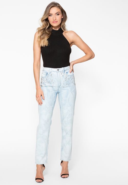 Calça Mom Jeans Eco Aplique Strass Azul Claro