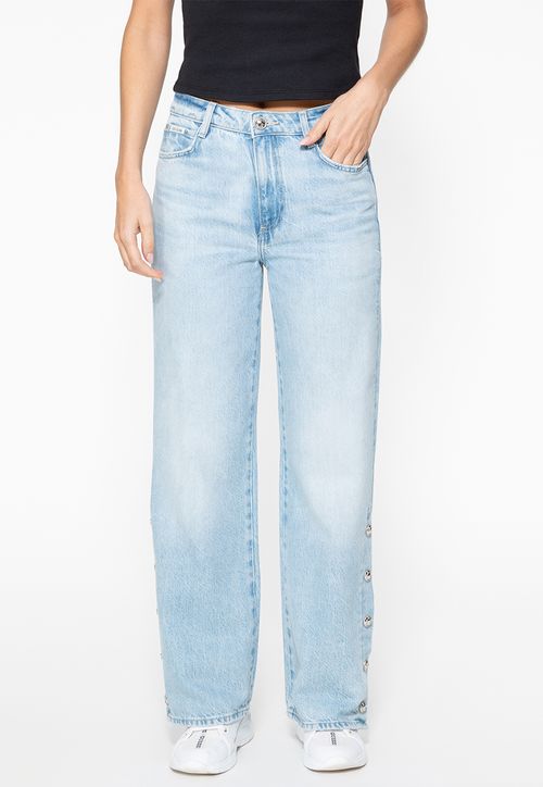 Calça Jeans Wide Leg Eco Fenda Botões Azul Claro