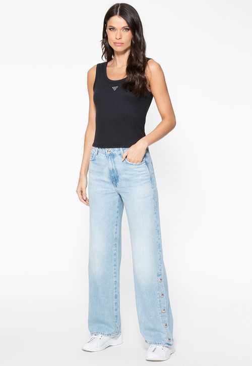 Calça Jeans Wide Leg Eco Fenda Botões Azul Claro
