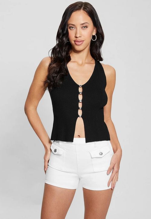 Blusa Eco Tricot Aberta Decote Botões Preto