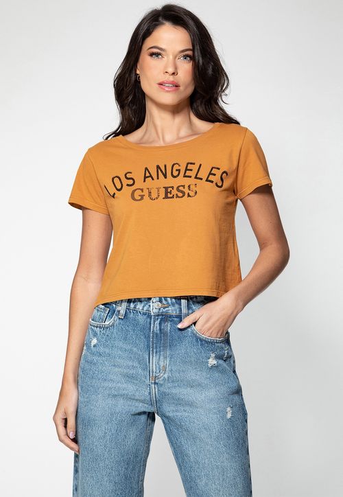 Camiseta Cropped  Guess Los Angeles Amarelo Queimado