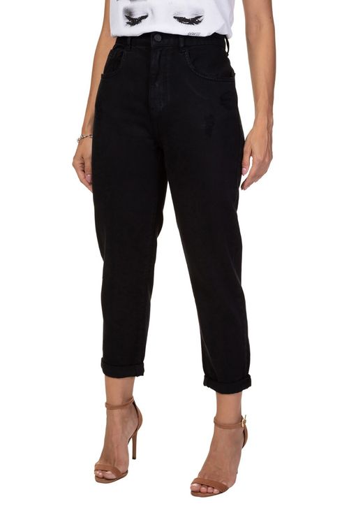 Calça Mom Sarja Puídos Guess Preto