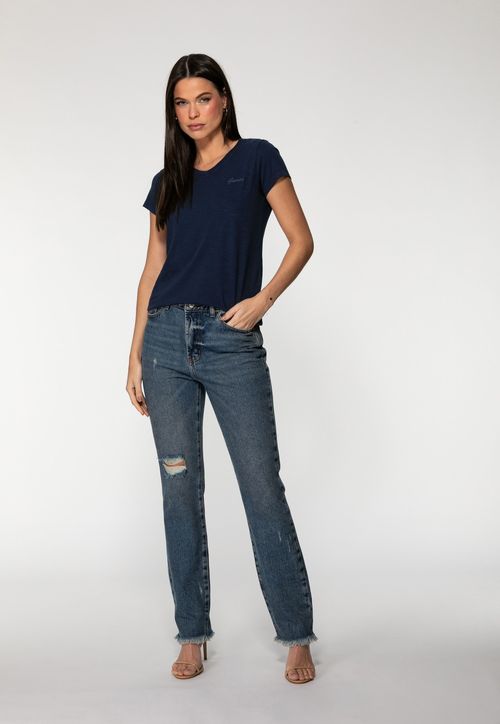 Camiseta Guess Dec V Bordado Cursivo Azul Marinho