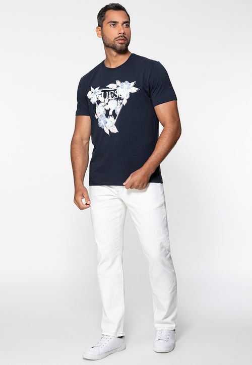 Camiseta Guess Triang Flores Bordado Azul Escuro
