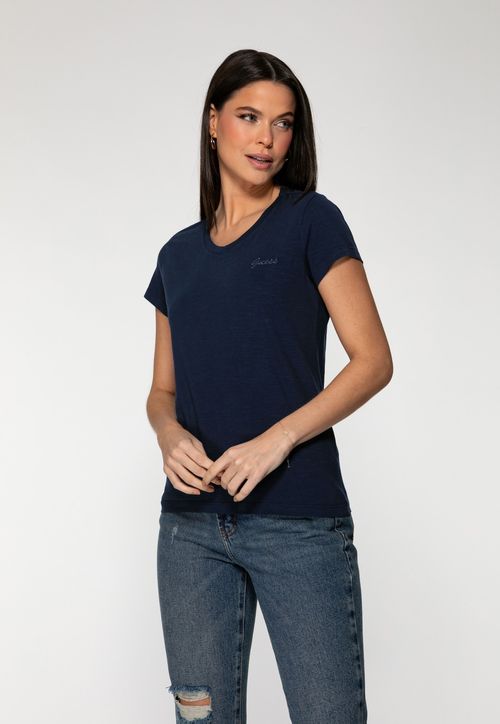 Camiseta Guess Dec V Bordado Cursivo Azul Marinho