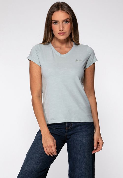 Camiseta Guess Dec V Bordado Cursivo Verde Menta