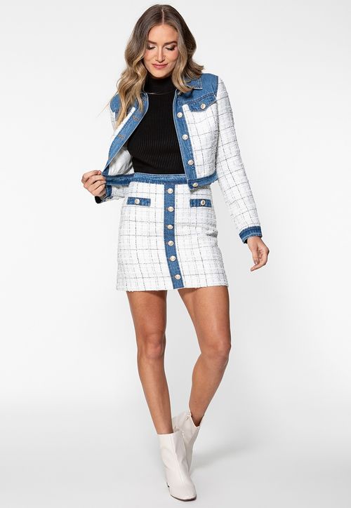 Saia Eco de Tweed E Jeans Branco