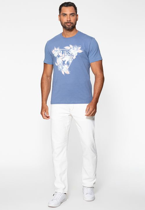 Camiseta Guess Triângulo Floral Bordado Azul Claro