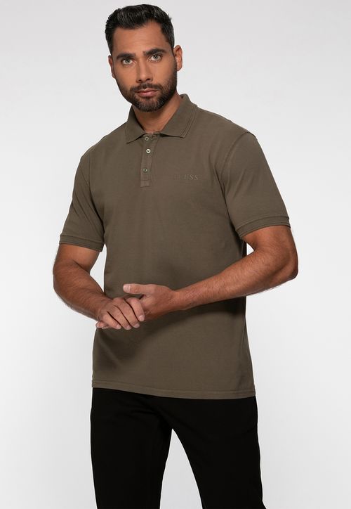 Camisa Polo Guess Silk Relevo Est 1981 Verde Oliva