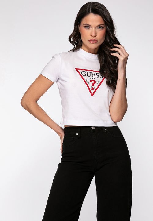 T-shirt Guess Triang Hotfix Cropped Branco