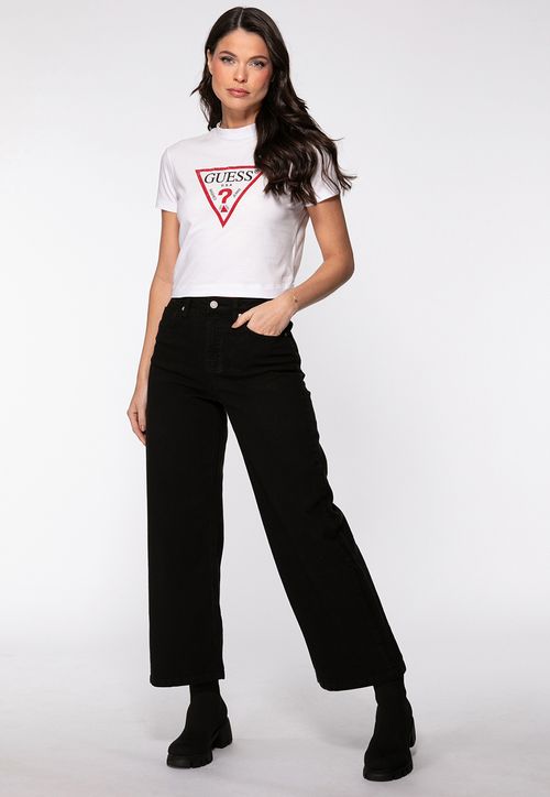 T-shirt Guess Triang Hotfix Cropped Branco