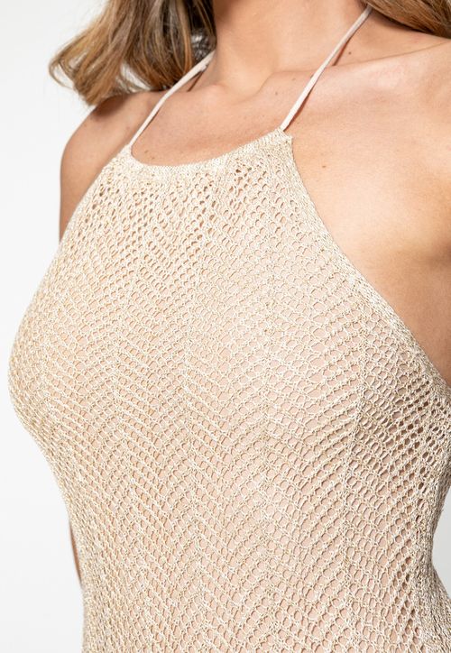 Vestido Longo Tricot Lurex Frente Única Dourado