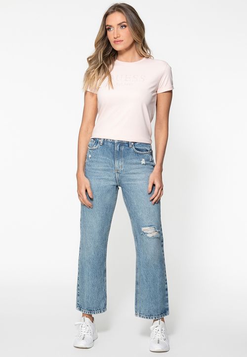 Camiseta Guess Manga Dobrada Hotfix Rosa Claro