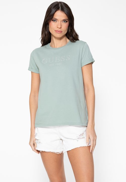 Camiseta Guess Manga Dobrada Hotfix Verde Claro