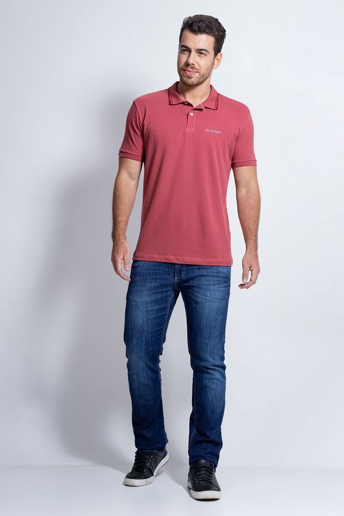 Camisa Polo Guess Silk Peito Frisos Gola Rosa