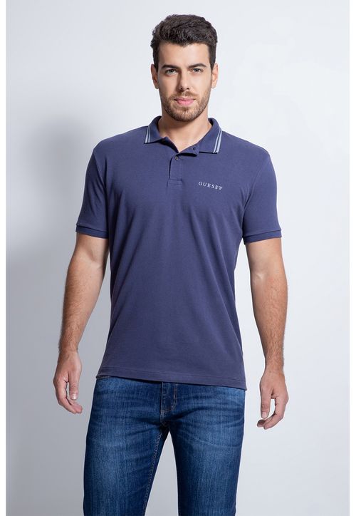 Camisa Polo Guess Silk Peito Frisos Gola Azul
