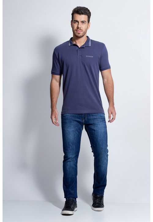 Camisa Polo Guess Silk Peito Frisos Gola Azul