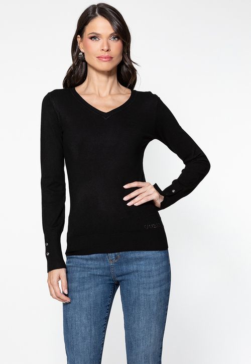 Blusa de Tricot Eco Gola V Guess Preto
